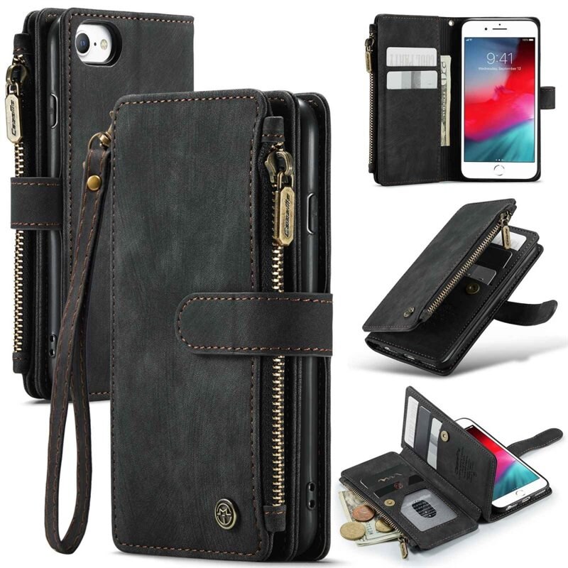 CaseMe Zipper Wallet iPhone SE 2020 Musta