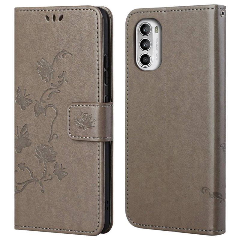 Nahkakotelo Perhonen Motorola Moto E32 Harmaa