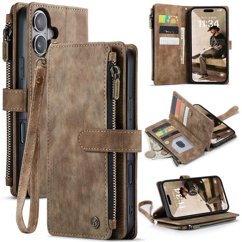 CaseMe Zipper Wallet iPhone 16 Ruskea