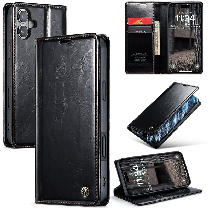 CaseMe Leather Wallet iPhone 16 musta