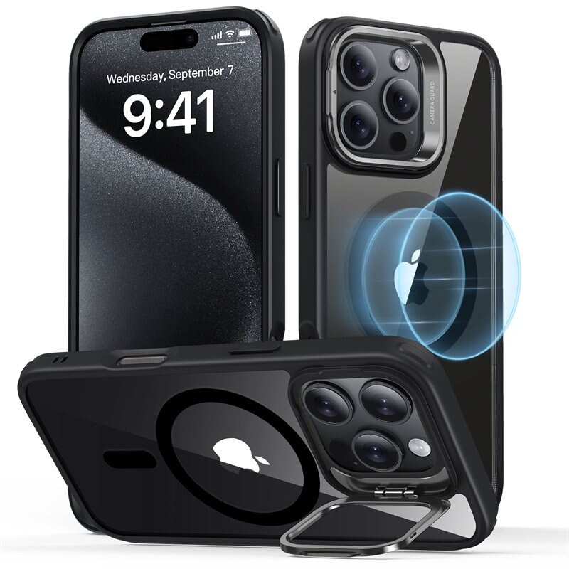 ESR Classic Kickstand HaloLock MagSafe iPhone 16 Pro Max Musta/läpinäkyvä - Puhelimen kuoret - MagSafe