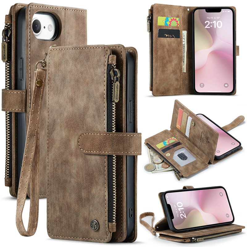 CaseMe Zipper Wallet iPhone 16e Ruskea