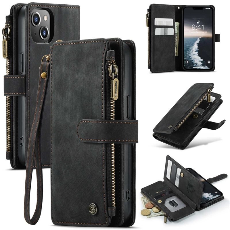 CaseMe Zipper Wallet iPhone 14 Musta