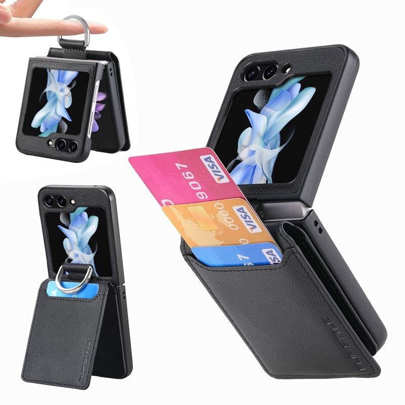 Samsung Galaxy Z Flip 7 FE Kuori Rengaspidikkeellä + Korttitasku musta