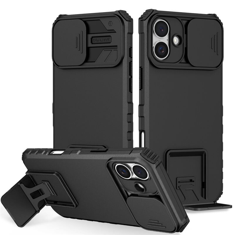 iPhone 16 Kickstand Kotelo Kamerasuojalla Musta
