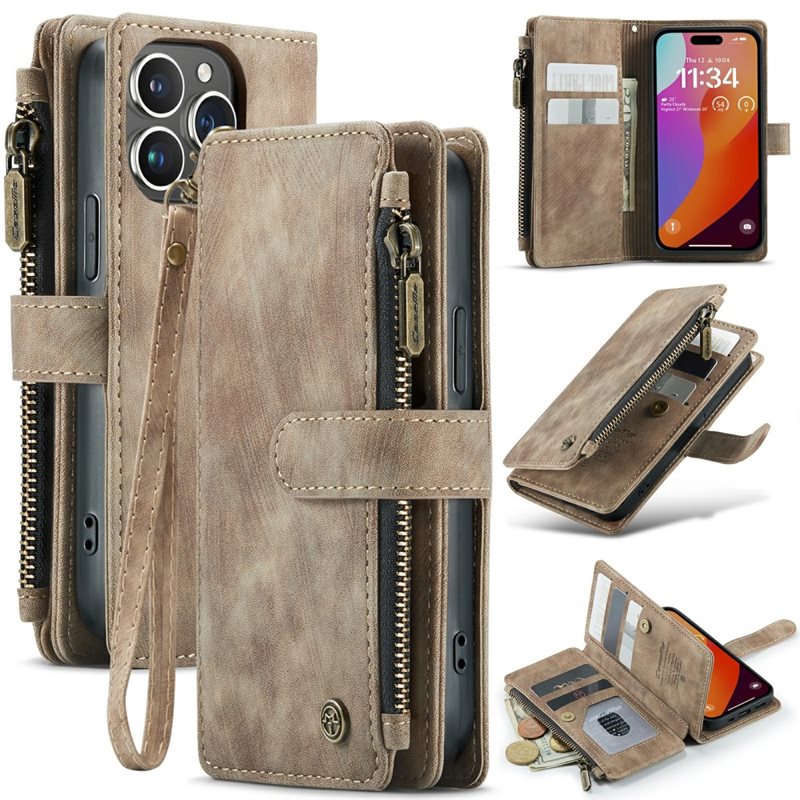 CaseMe Zipper Wallet iPhone 16 Pro Ruskea