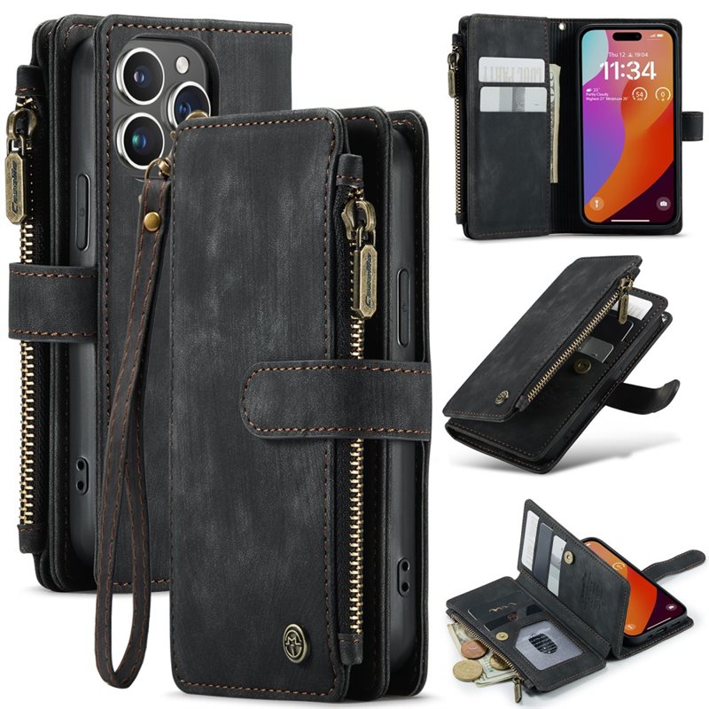 CaseMe Zipper Wallet iPhone 16 Pro Musta