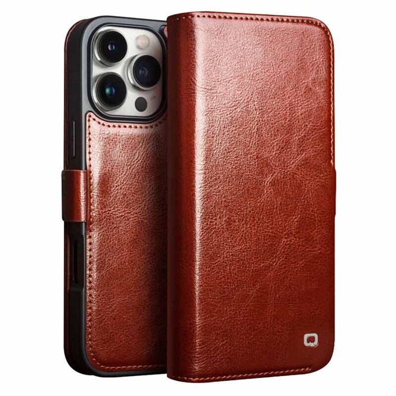 Qialino Leather Wallet Case iPhone 16 Pro Brown