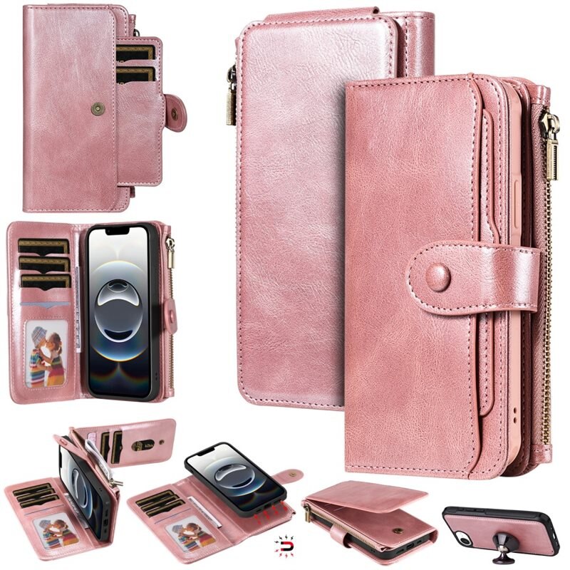 Magnet Leather Multi-Wallet iPhone 16e Vaaleanpunainen