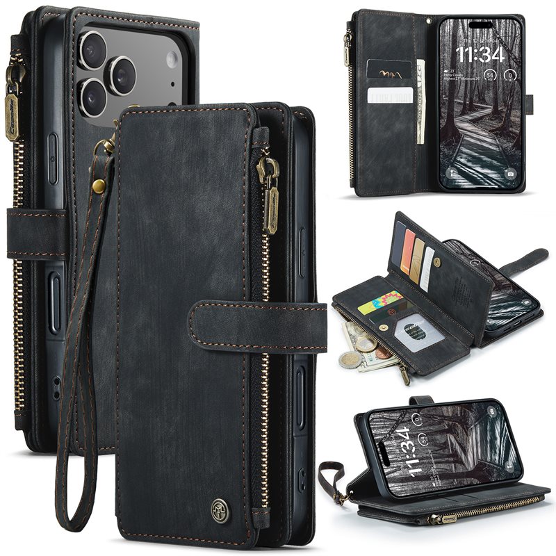 CaseMe Zipper Wallet iPhone 17 Pro Musta