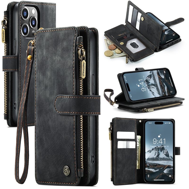 CaseMe Zipper Wallet iPhone 15 Pro Musta