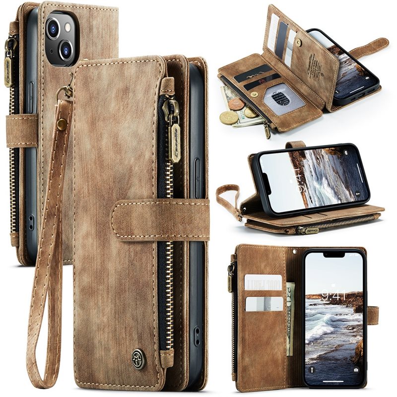 CaseMe Zipper Wallet iPhone 15 Ruskea