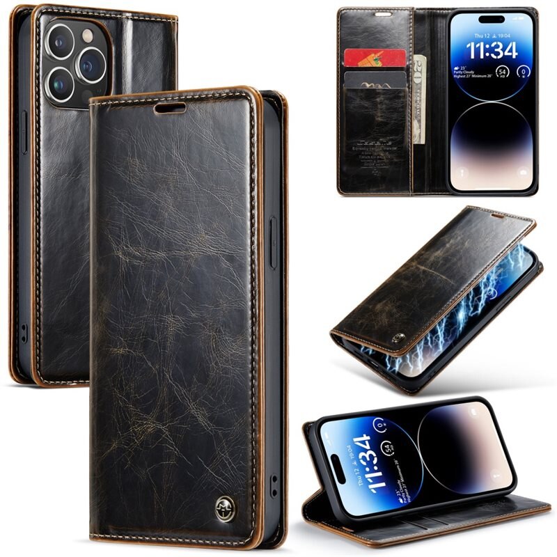 CaseMe Leather Wallet iPhone 15 Pro ruskea