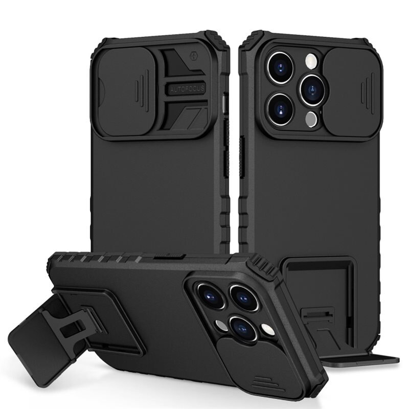 iPhone 15 Pro Kickstand Kotelo Kamerasuojalla Musta