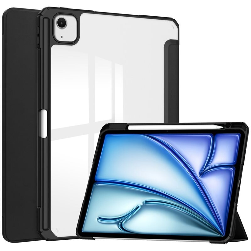 Apple iPad Air 13 2nd Gen (2025) Kotelo Tri-fold Kynäpidikkeellä Musta/läpinäkyvä