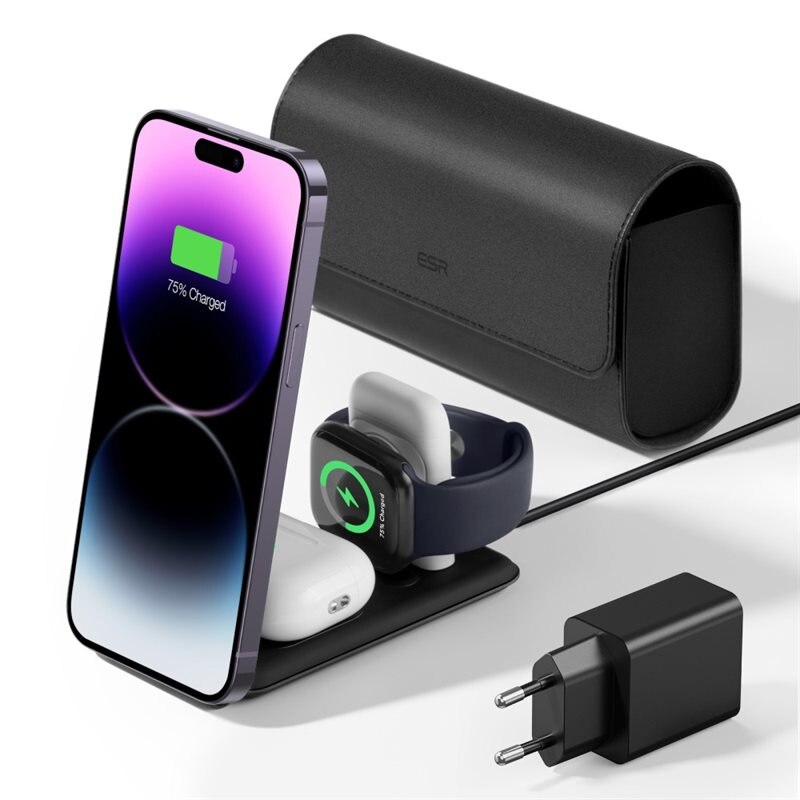 ESR HaloLock Qi2 3-in-1 Langaton Latausmatkasetti laukulla musta