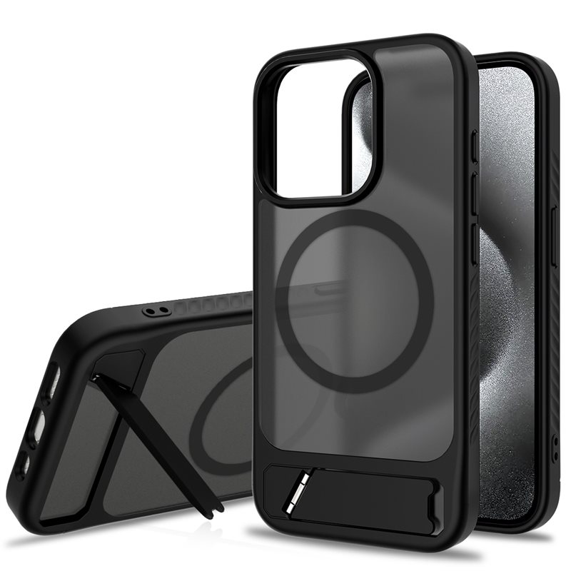Magneettinen suojakuori jalustalla iPhone 15 Pro Musta