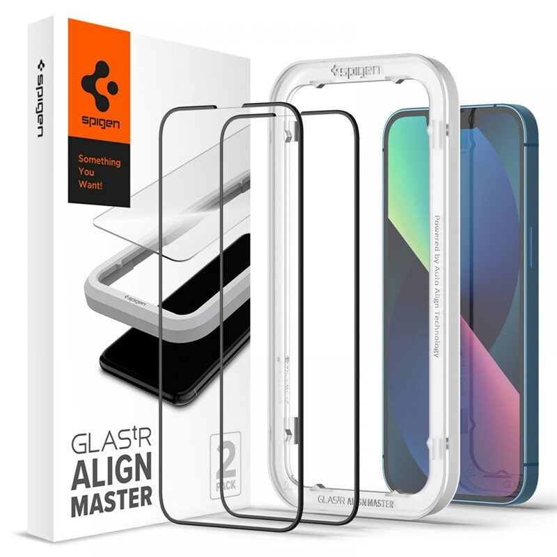 Spigen iPhone 13 AlignMaster GLAS.tR Black (2-pack) - Panssarilasi, asennusapurilla