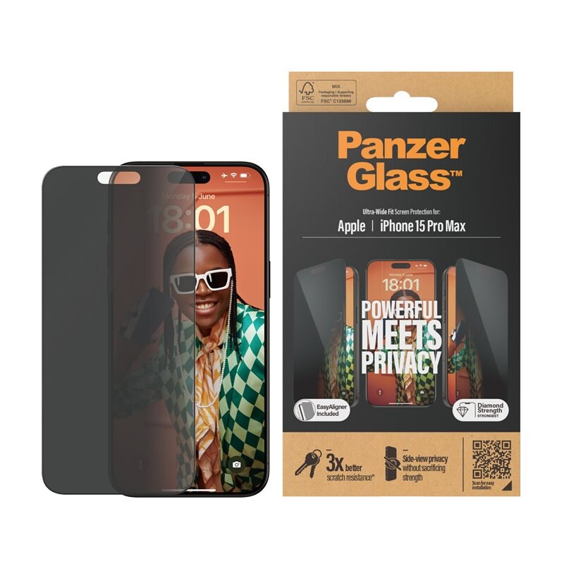 PanzerGlass iPhone 15 Pro Max Privacy Screen Protector (with EasyAligner) Ultra Wide Fit