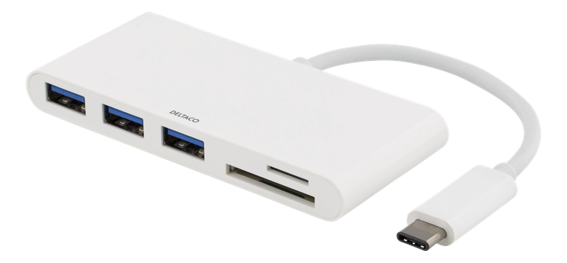 Deltaco USB-C Hubi 3x USB-A + SD/microSD valkoinen