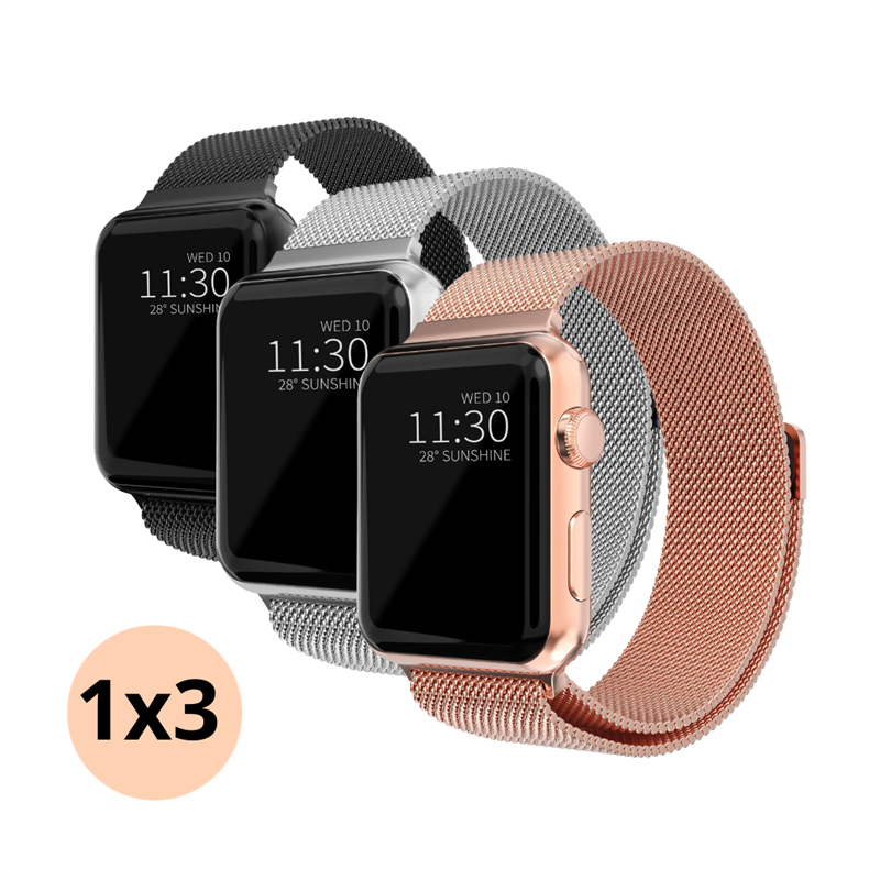 Apple Watch 45mm Series 9 Setti Ranneke Milanese Loop musta, hopea, ruusukulta