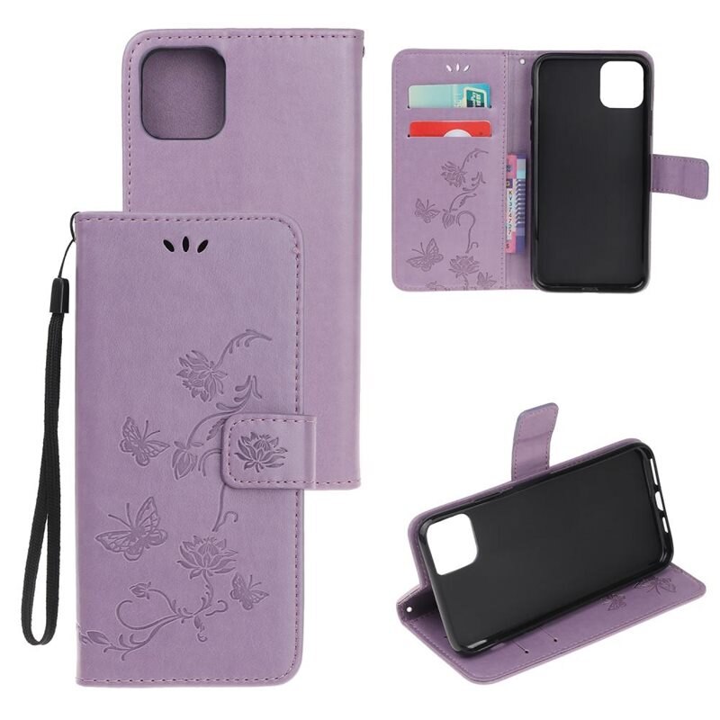 Nahkakotelo Perhonen iPhone 12/iPhone 12 Pro Liila
