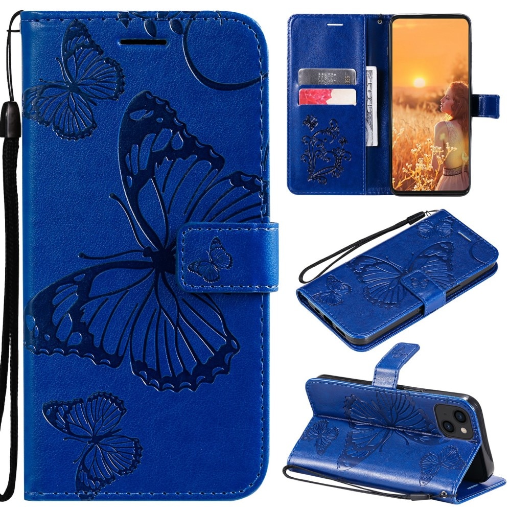 Nahkakotelo Perhonen iPhone 13 Mini sininen