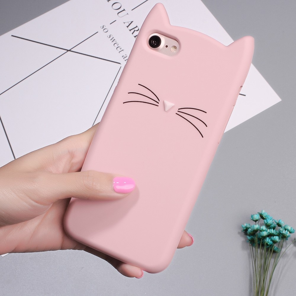 Silikonikuori Kissa iPhone SE (2020) vaaleanpunainen