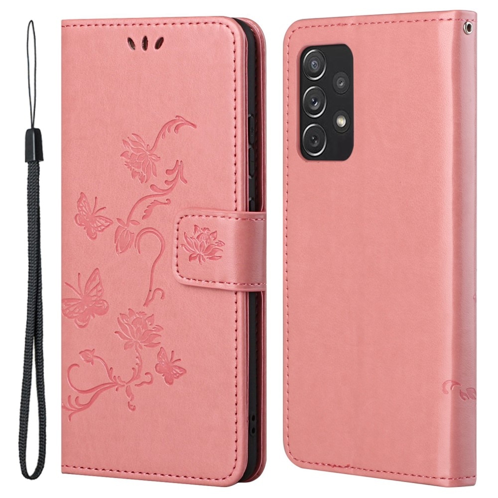 Nahkakotelo Perhonen Samsung Galaxy A73 5G vaaleanpunainen