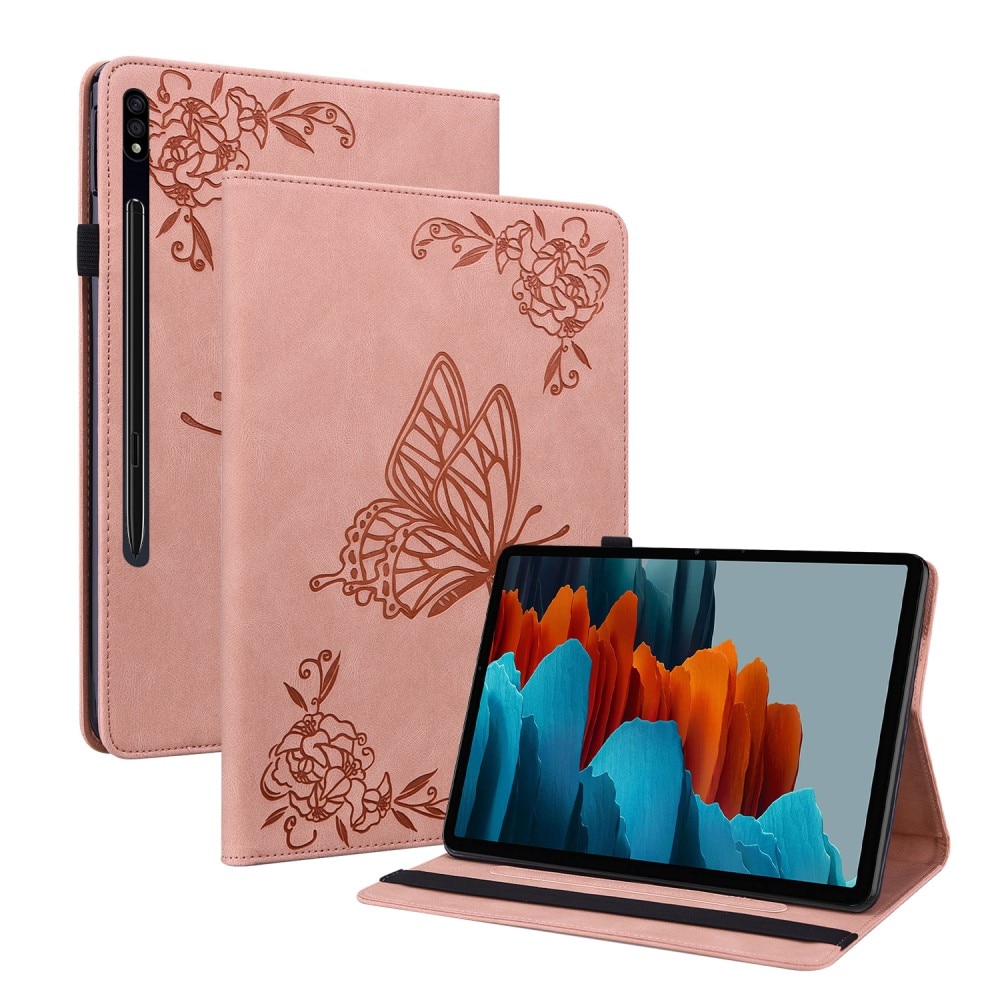 Nahkakotelo Perhonen Samsung Galaxy Tab S7 vaaleanpunainen