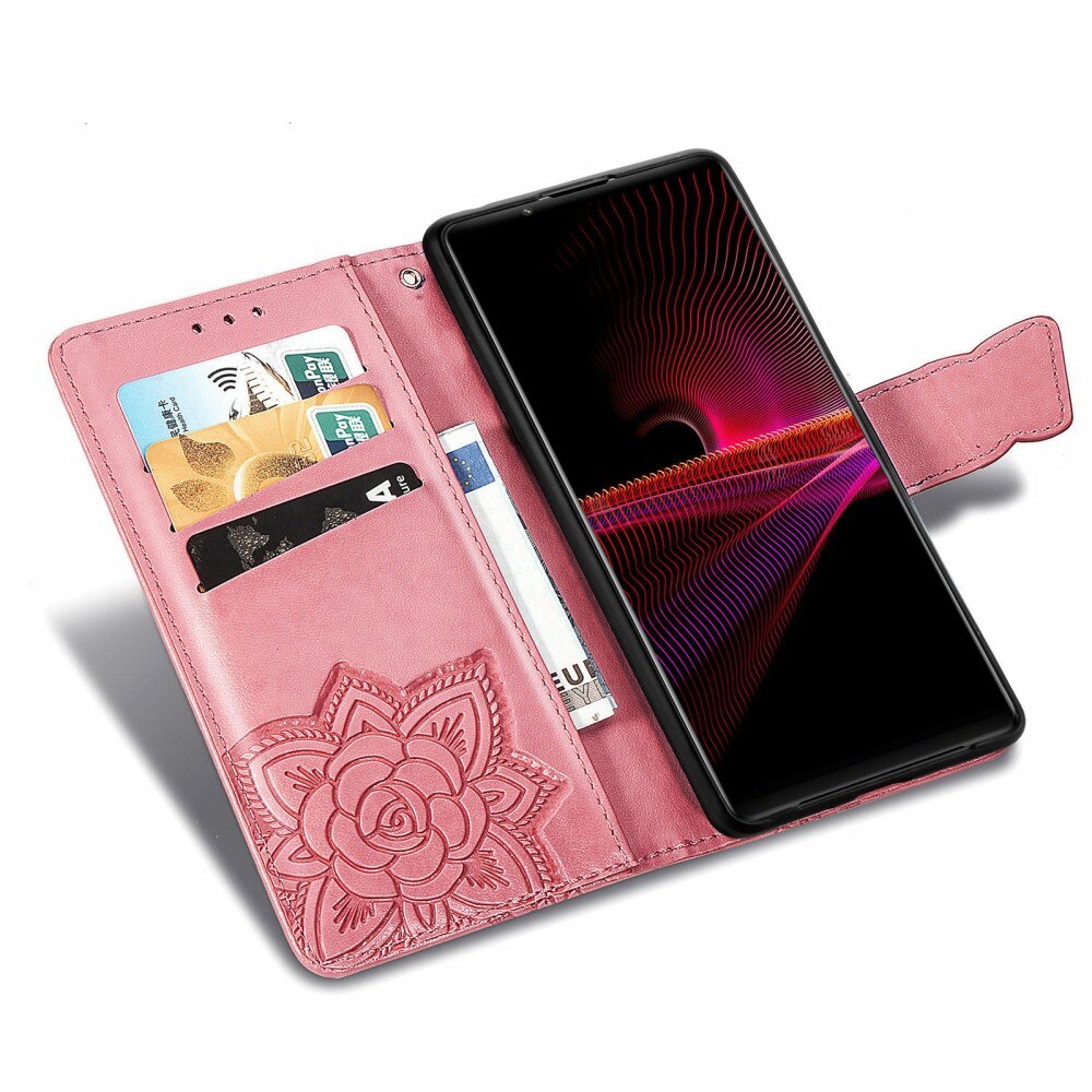 Nahkakotelo Perhonen Sony Xperia 1 III Vaaleanpunainen