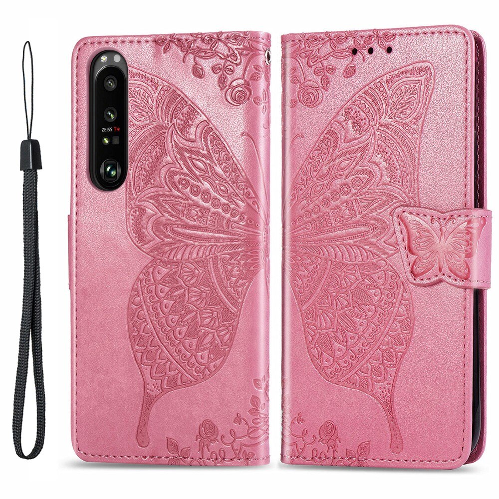 Nahkakotelo Perhonen Sony Xperia 1 III Vaaleanpunainen