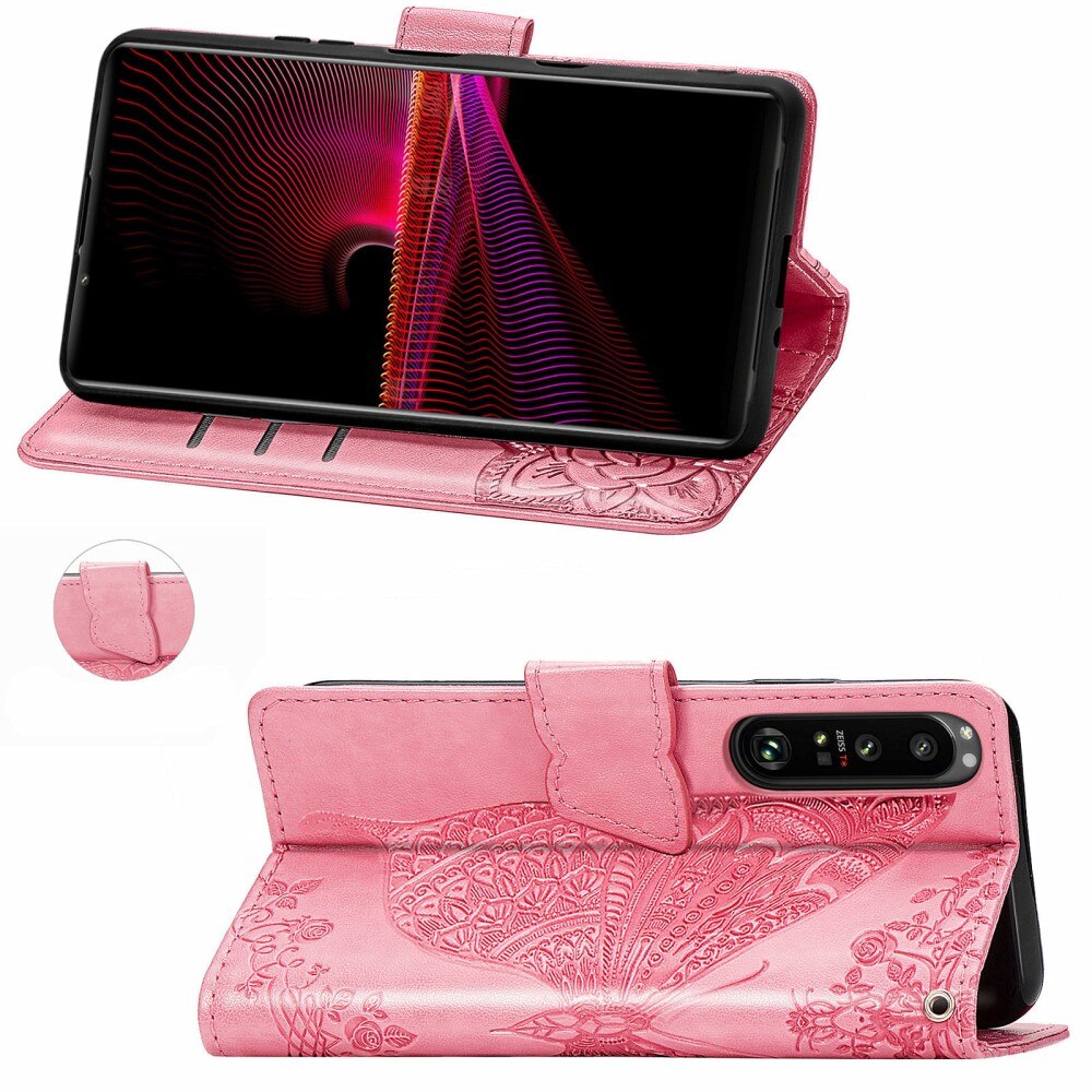 Nahkakotelo Perhonen Sony Xperia 1 III vaaleanpunainen
