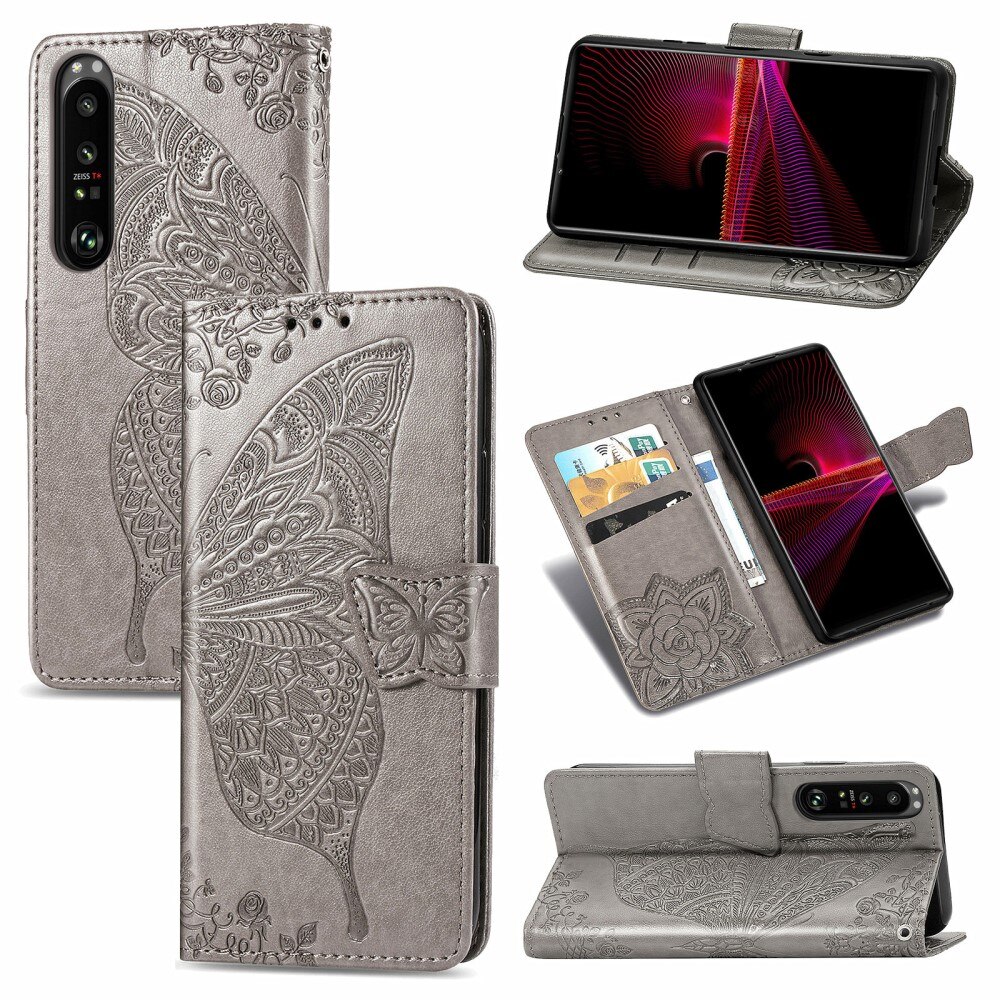 Nahkakotelo Perhonen Sony Xperia 1 III Harmaa