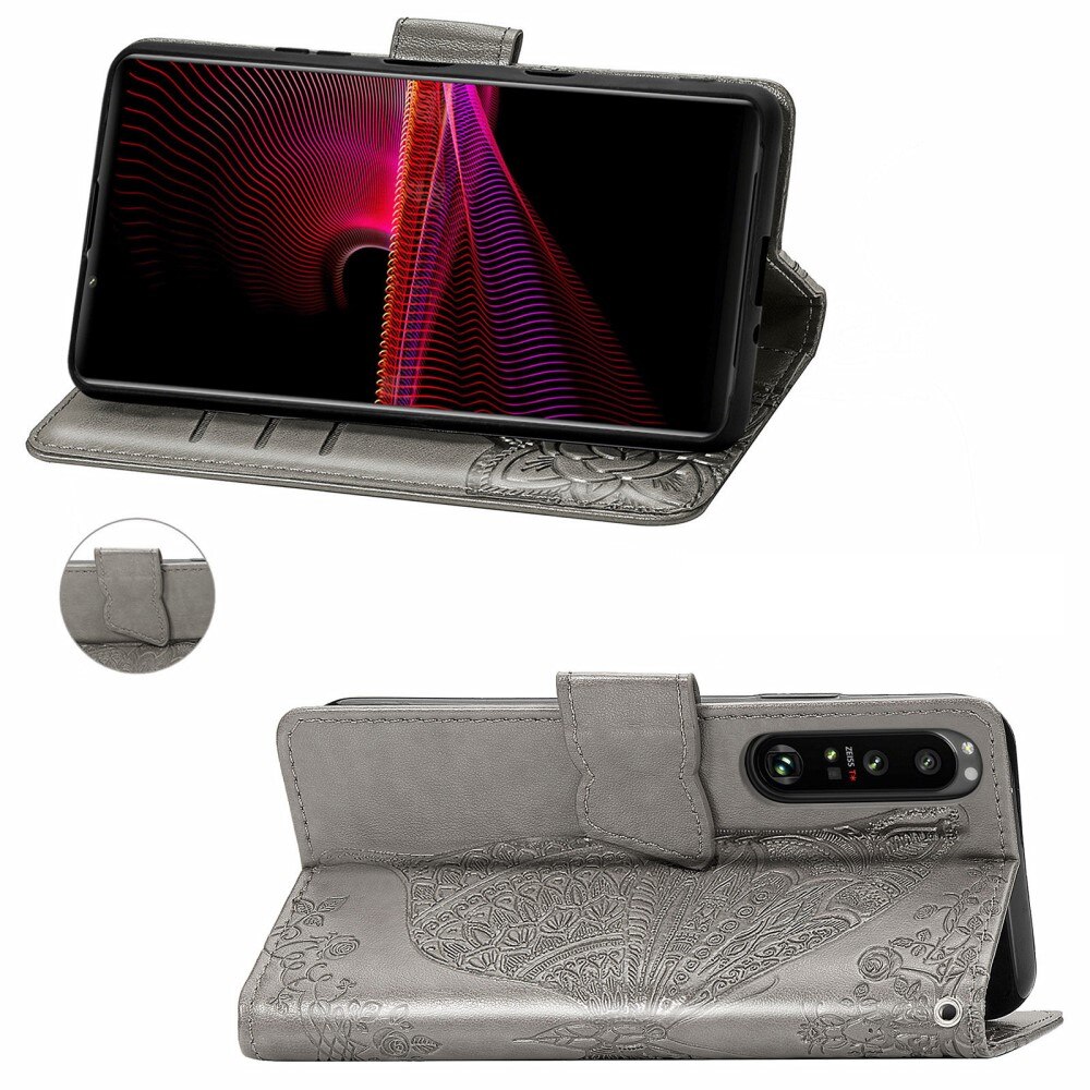 Nahkakotelo Perhonen Sony Xperia 1 III Harmaa