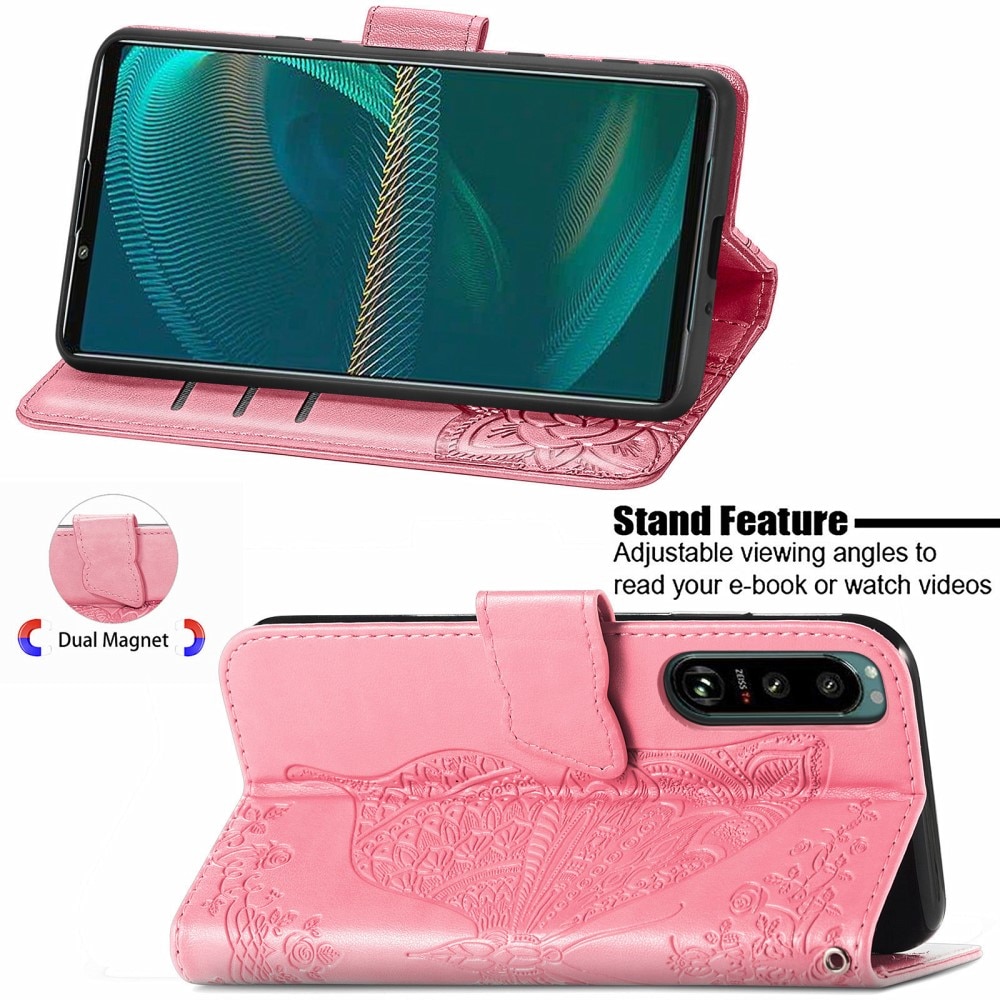 Nahkakotelo Perhonen Sony Xperia 5 III vaaleanpunainen