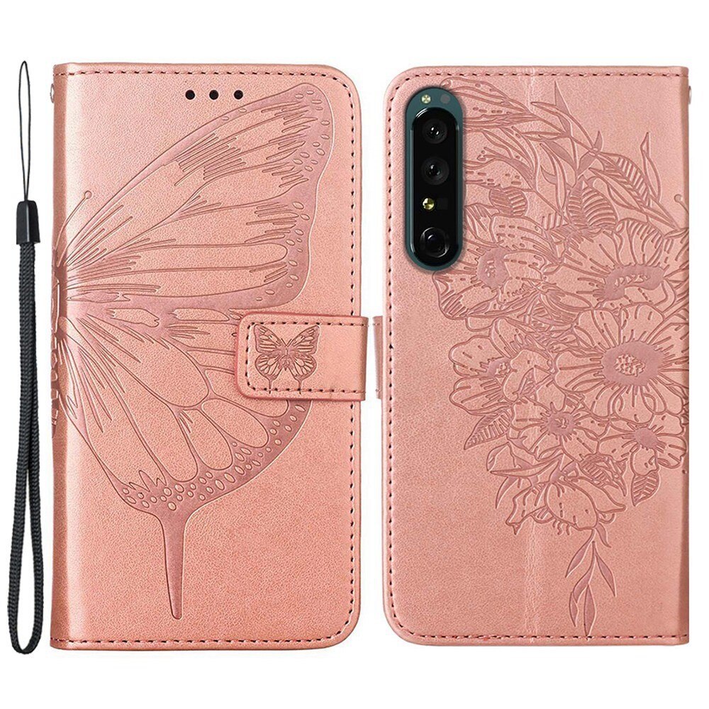 Nahkakotelo Perhonen Sony Xperia 1 IV Ruusukulta