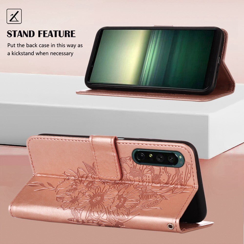 Nahkakotelo Perhonen Sony Xperia 1 IV Ruusukulta