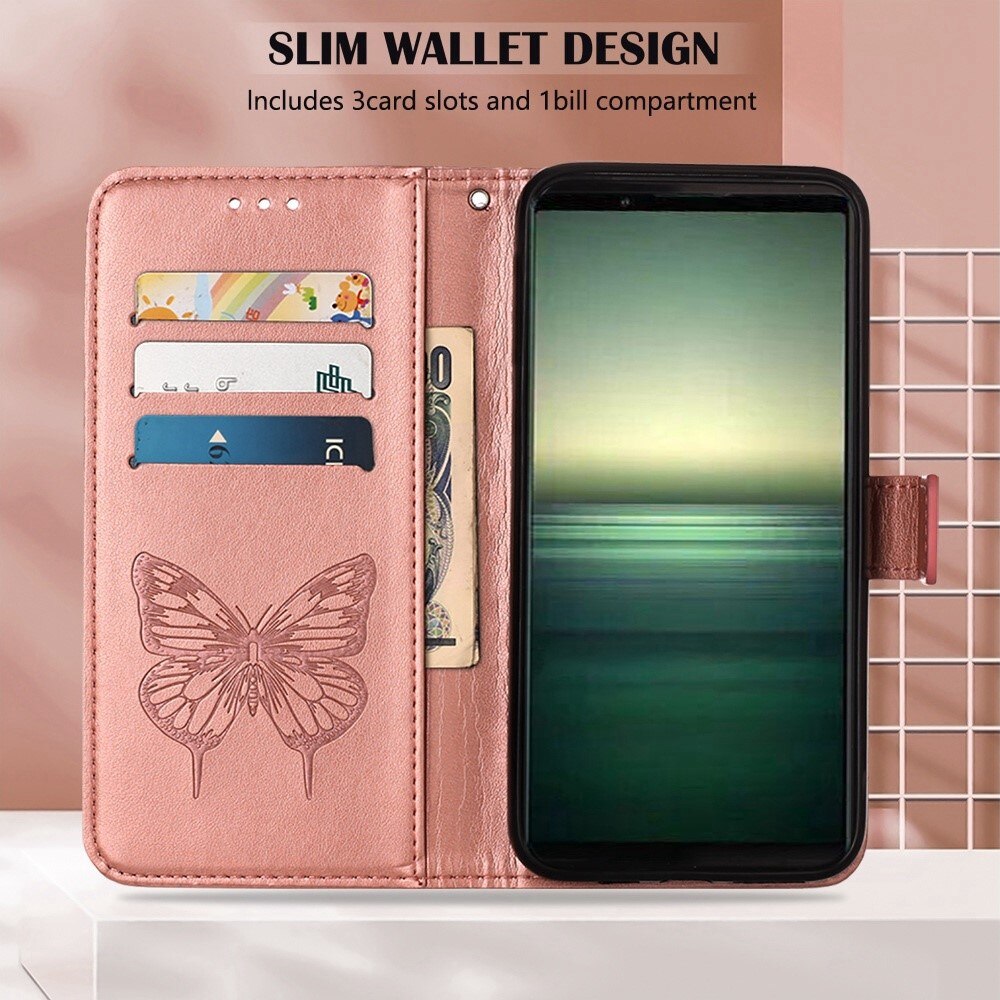 Nahkakotelo Perhonen Sony Xperia 1 IV Ruusukulta