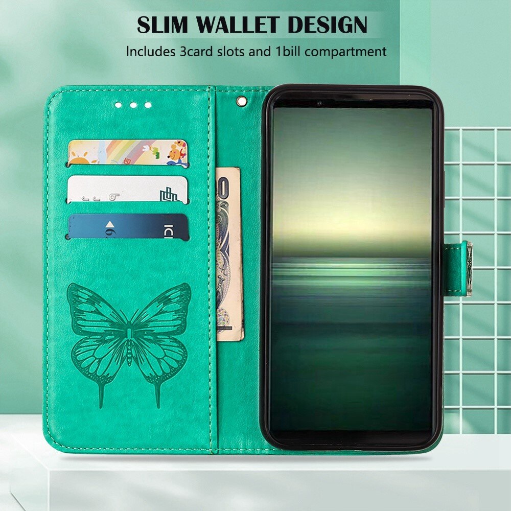 Nahkakotelo Perhonen Sony Xperia 1 IV Vihreä