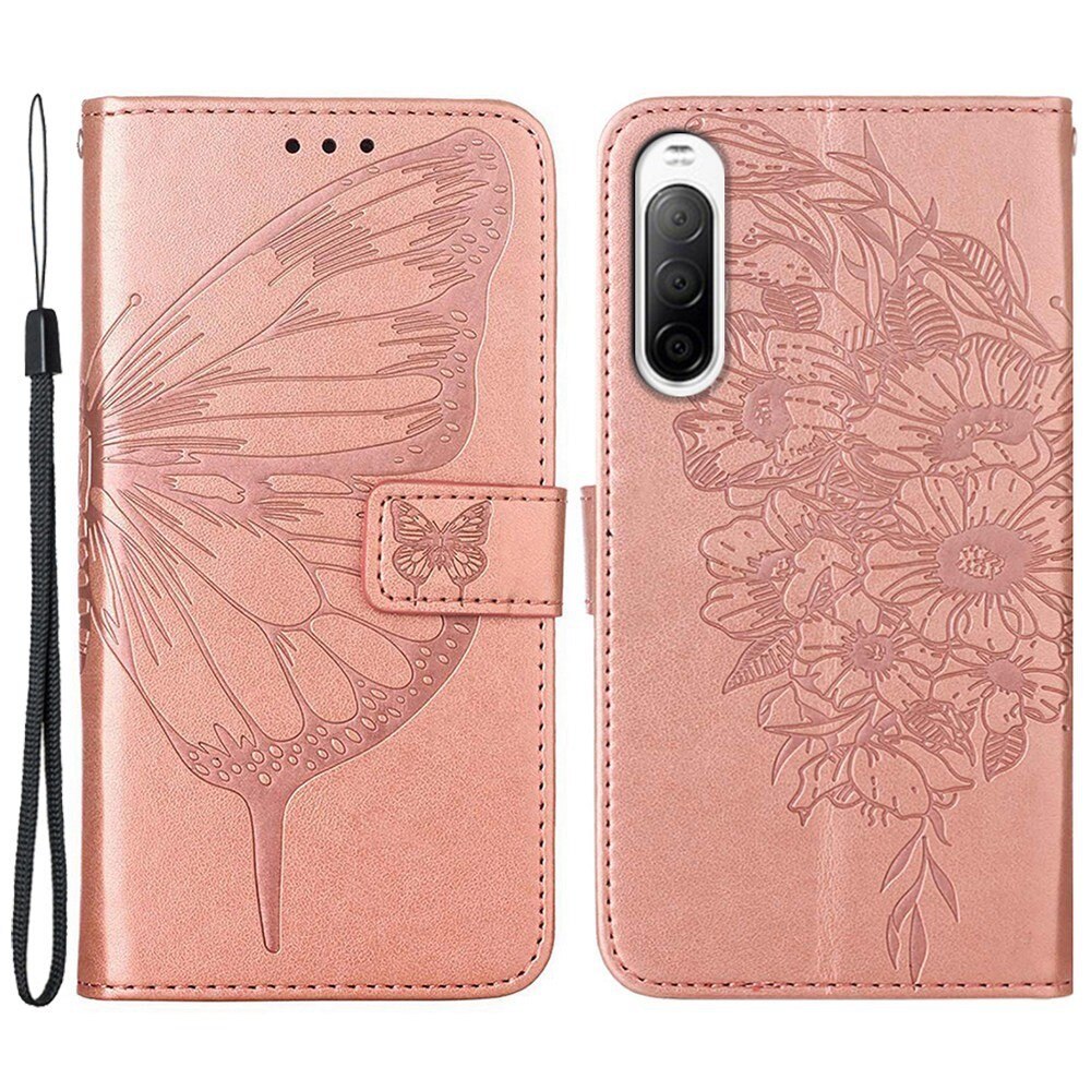 Nahkakotelo Perhonen Sony Xperia 10 IV Ruusukulta