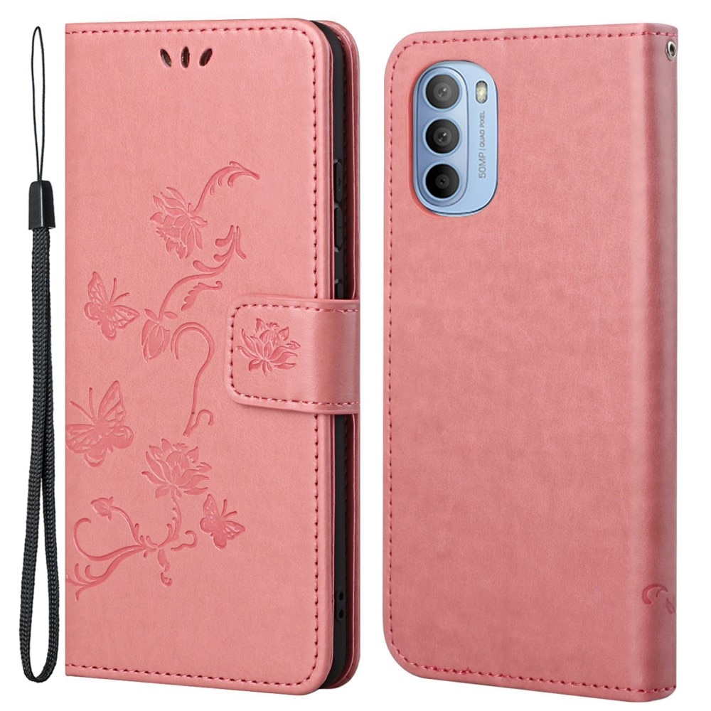 Nahkakotelo Perhonen Motorola Moto G31/G41 vaaleanpunainen