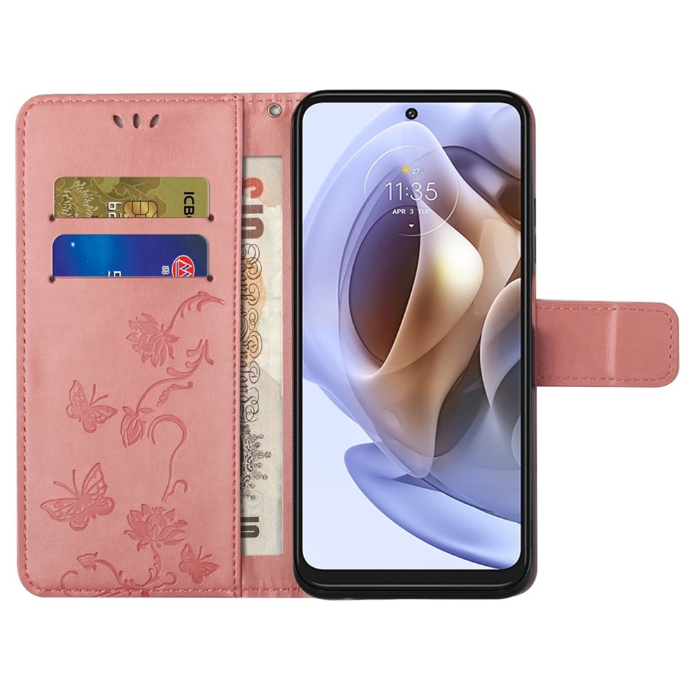 Nahkakotelo Perhonen Motorola Moto G31/G41 vaaleanpunainen
