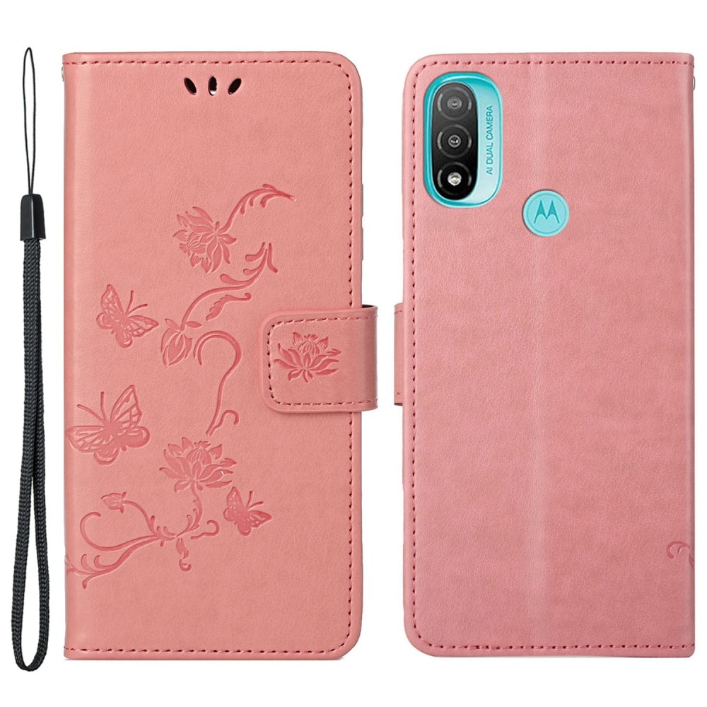Nahkakotelo Perhonen Motorola Moto E20/E30/E40 vaaleanpunainen