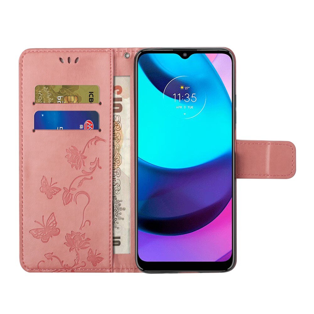 Nahkakotelo Perhonen Motorola Moto E20/Moto E40 Vaaleanpunainen