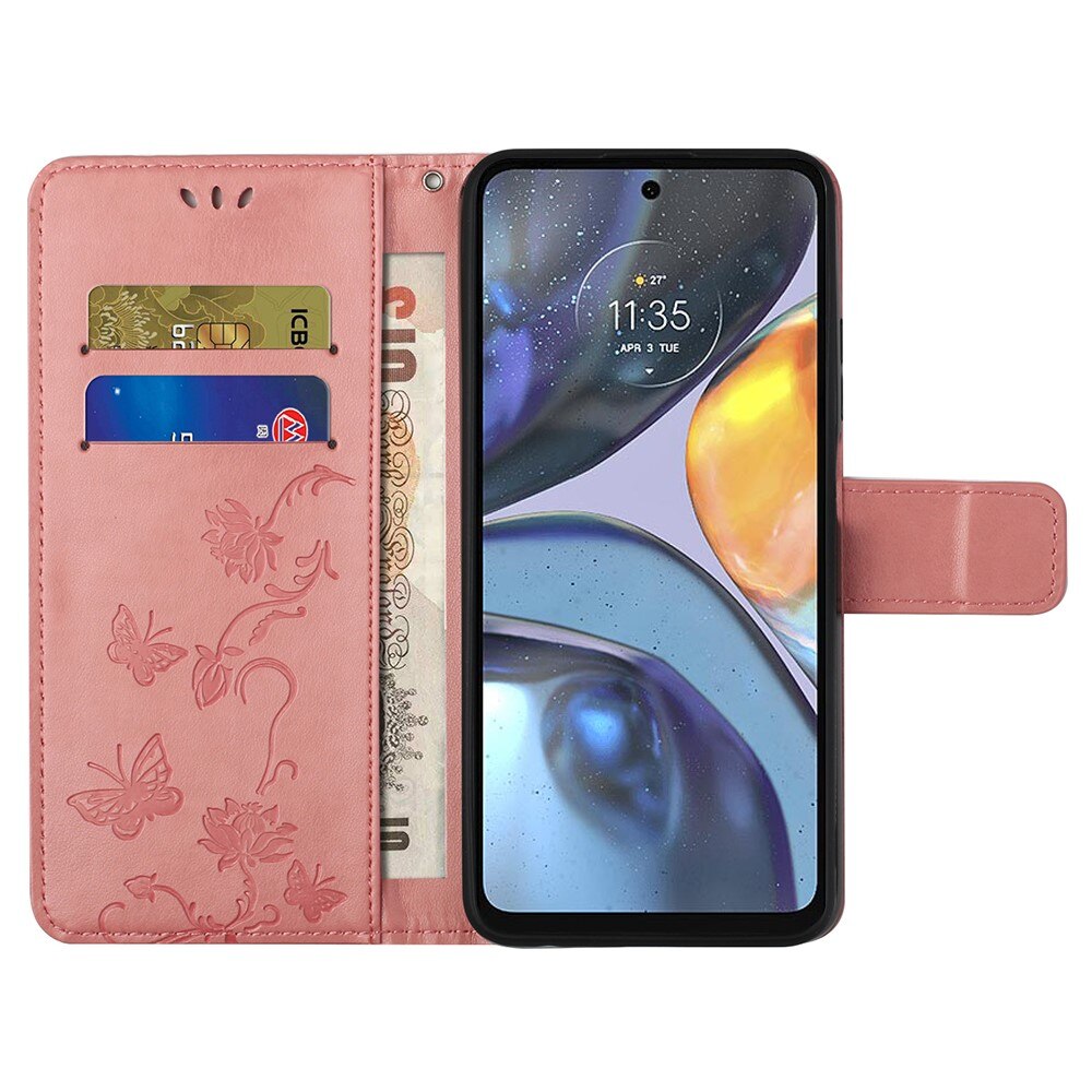 Nahkakotelo Perhonen Motorola Moto G22 Vaaleanpunainen