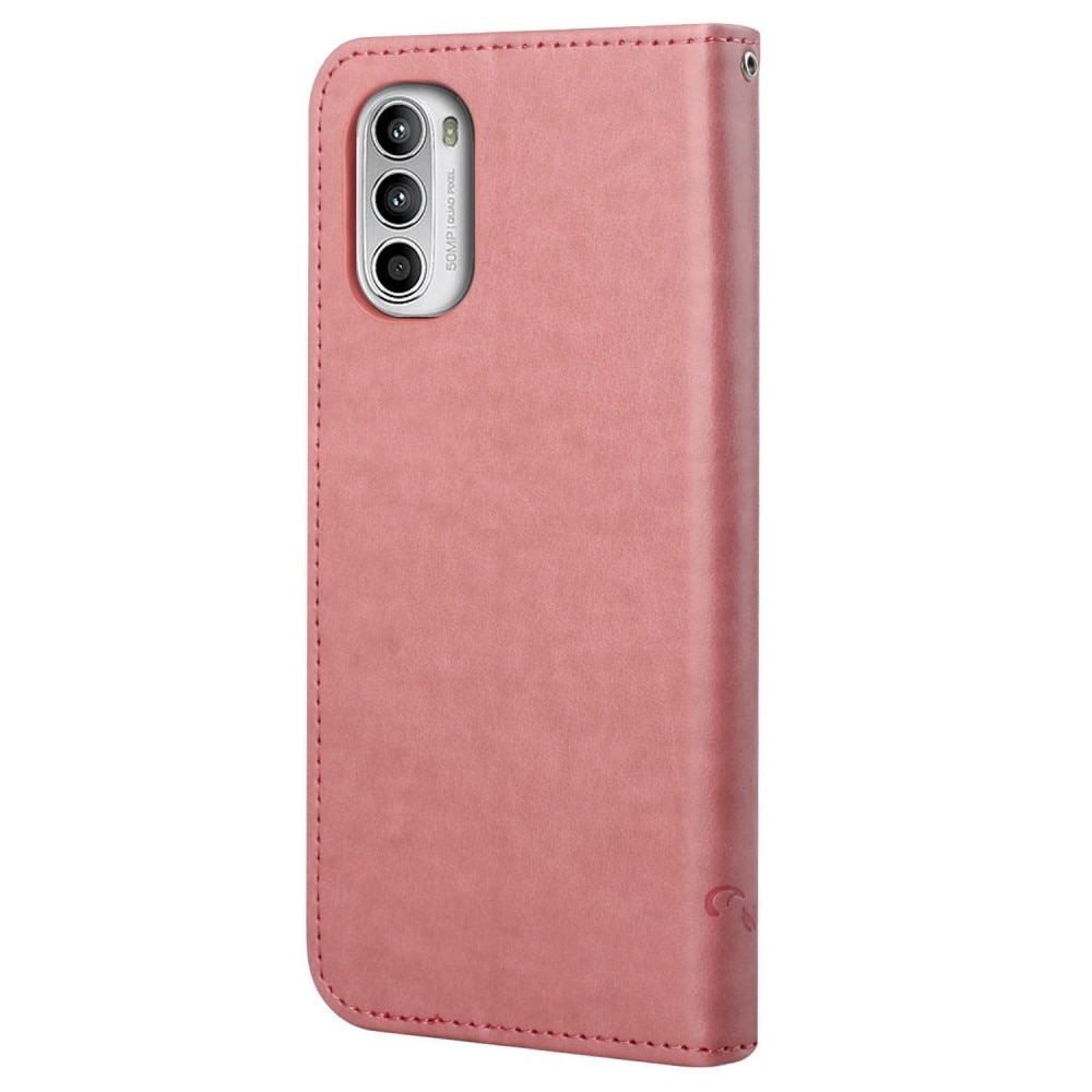 Nahkakotelo Perhonen Motorola Moto E32 vaaleanpunainen