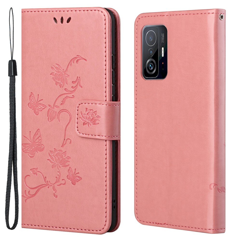 Nahkakotelo Perhonen Xiaomi 11T/11T Pro Vaaleanpunainen