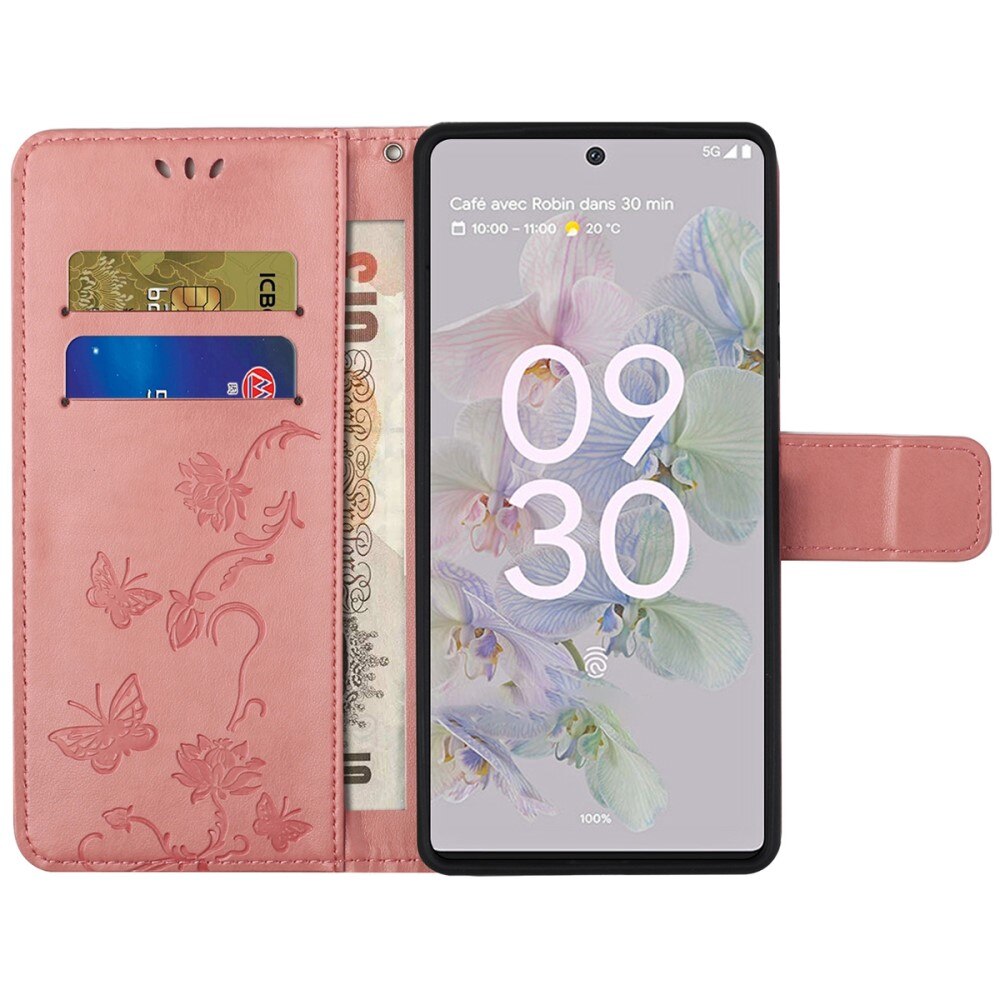 Nahkakotelo Perhonen Google Pixel 6a Vaaleanpunainen