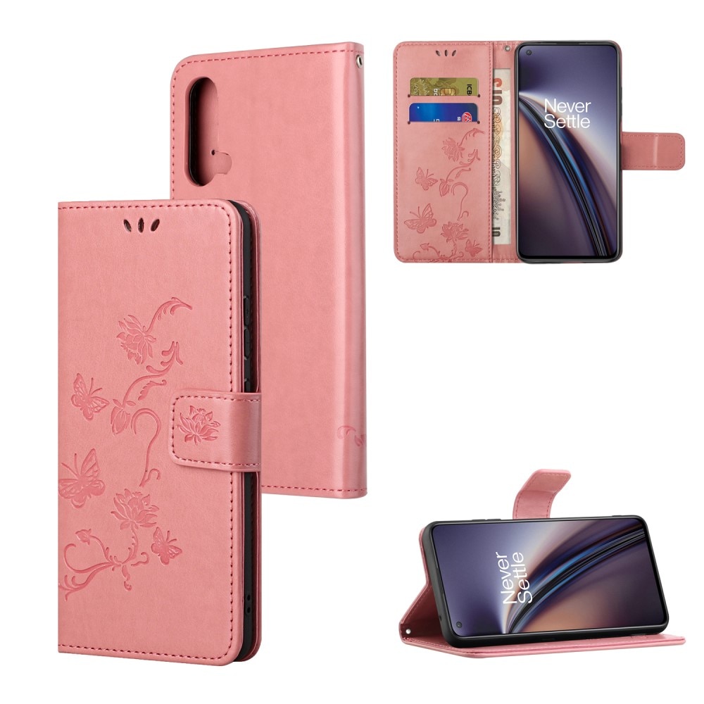 Nahkakotelo Perhonen OnePlus Nord CE 5G vaaleanpunainen